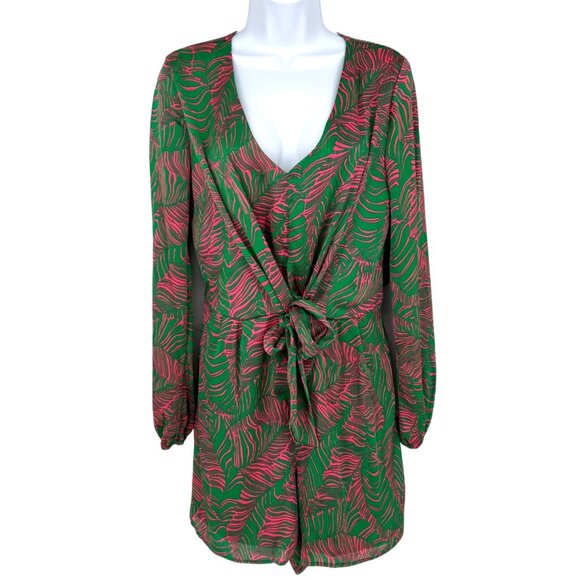 Intempo Leaf Tropical Print Long Sleeve Romper Green Pink Size Medium - Picture 1 of 13